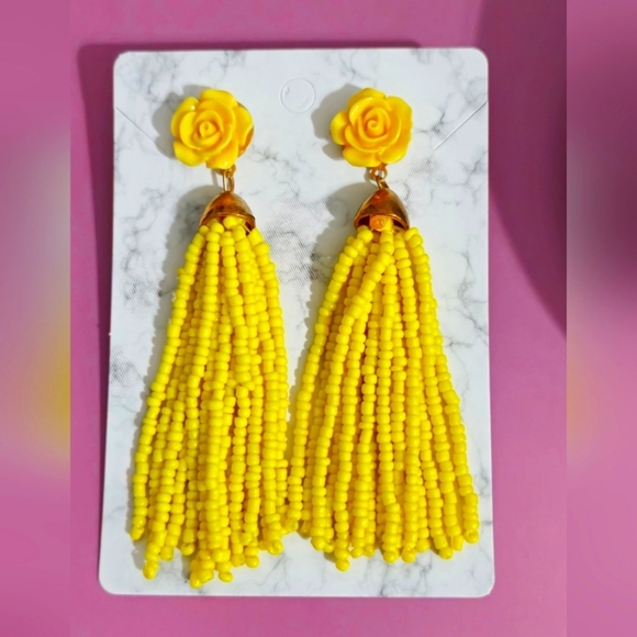 Yellow Rose Beaded Tassel Drop Earrings - Picture 5 of 14